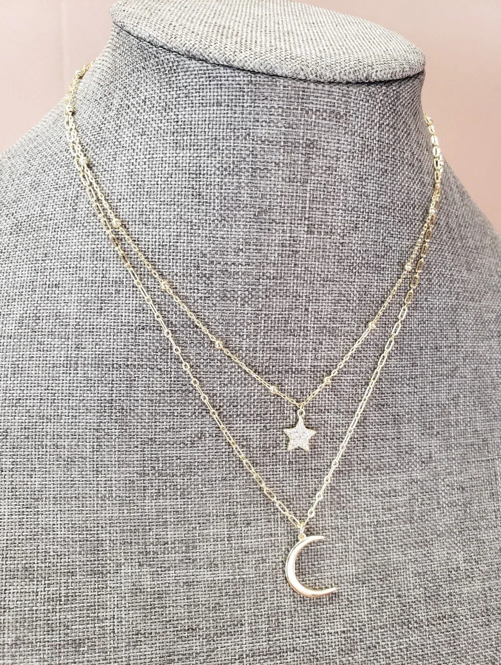 Sterling Silver Vermeil Double Strand Star with CZs and Crescent Moon Necklace